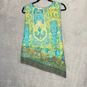 SKYES the Limit Large Top Shirt Blue Paisley Round Neck Sleeveless Asymmetrical